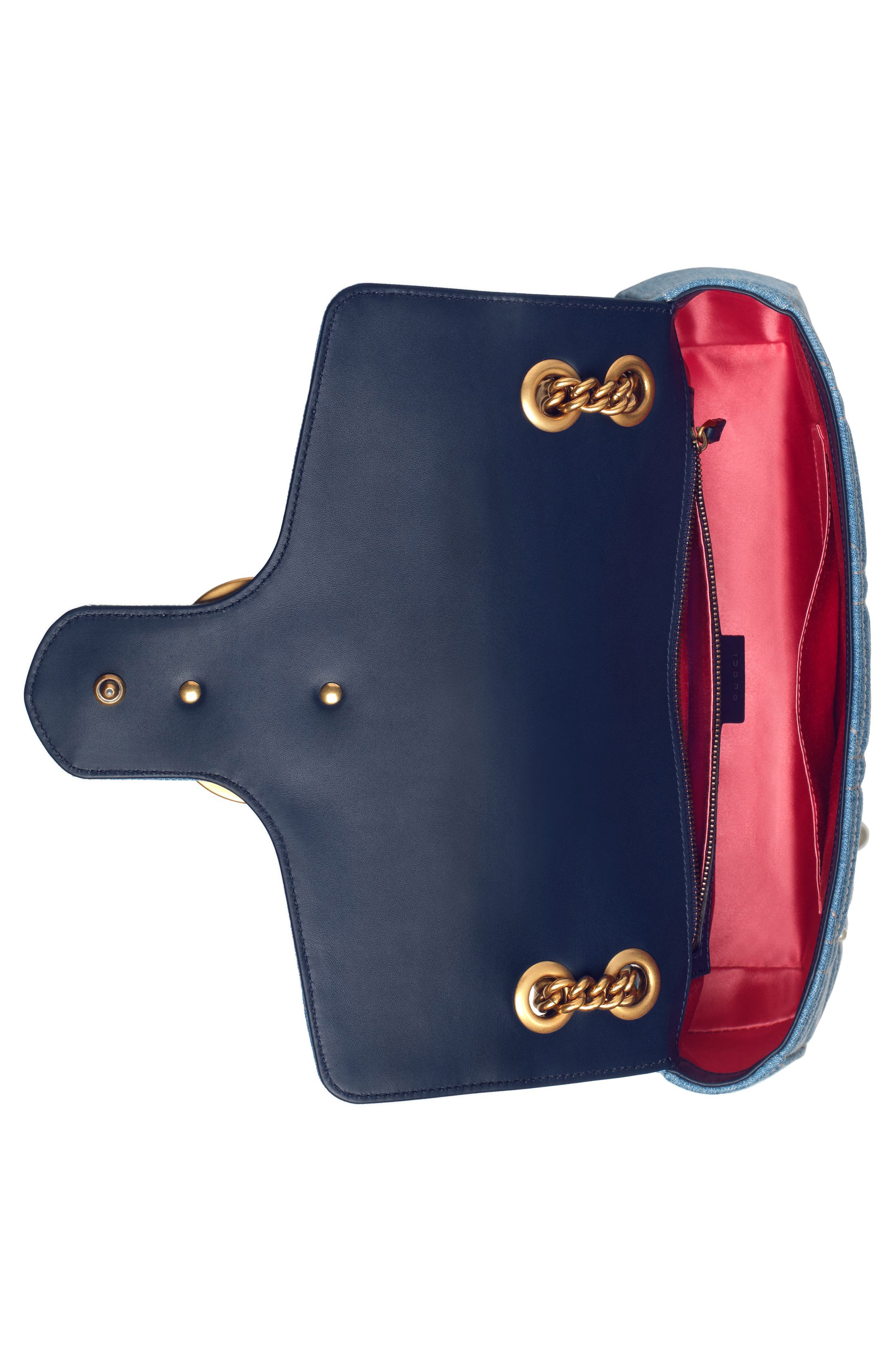 Gucci GG Marmont 2.0 Imitation Pearl Embellished Denim Crossbody Bag, Alternate, color, 