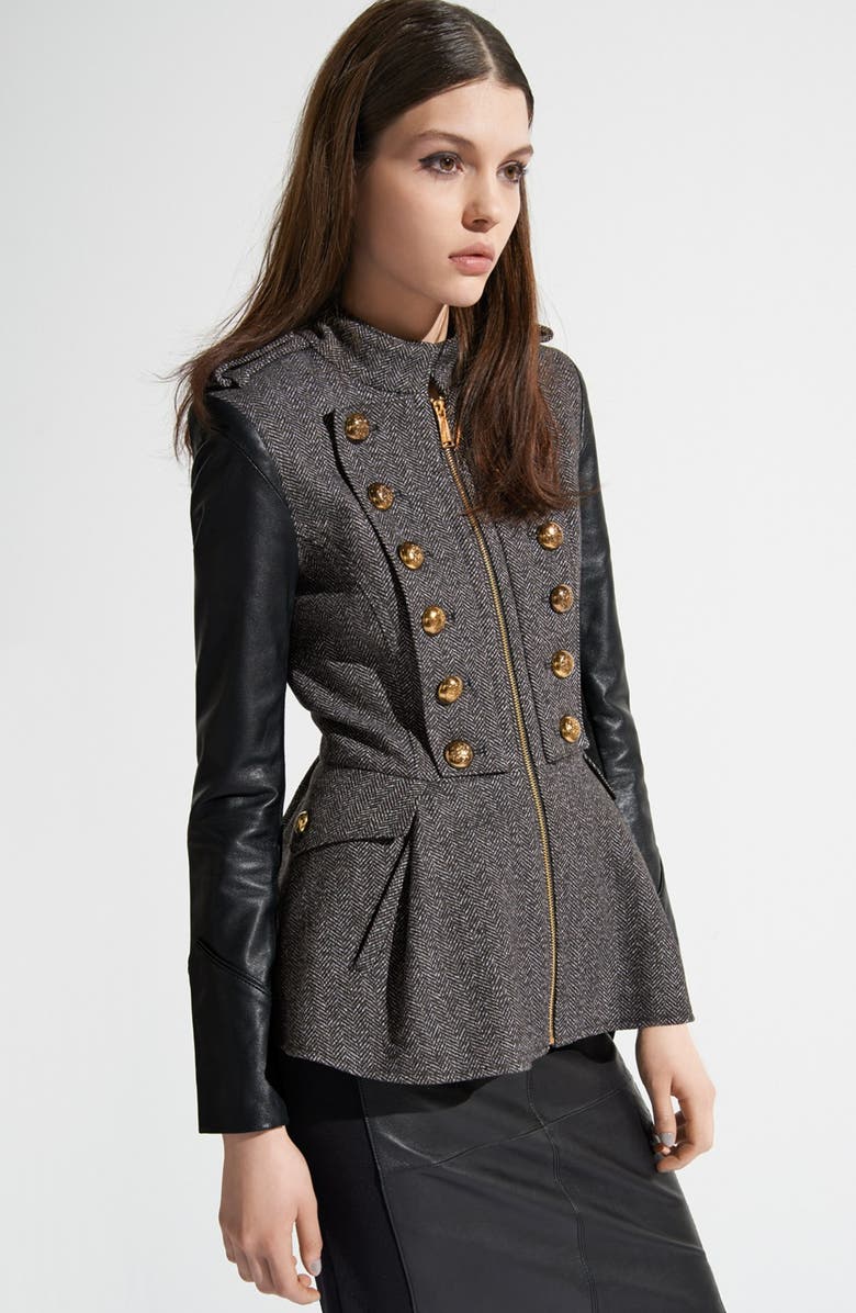 BCBGeneration Tweed & Faux Leather Military Jacket, Alternate, color, 