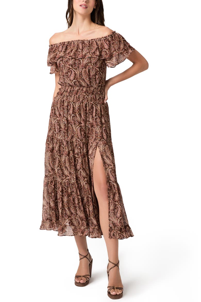 Alistar Print Ruffle Off the Shoulder Silk Midi Dress, Alternate, color, OAK MULTI