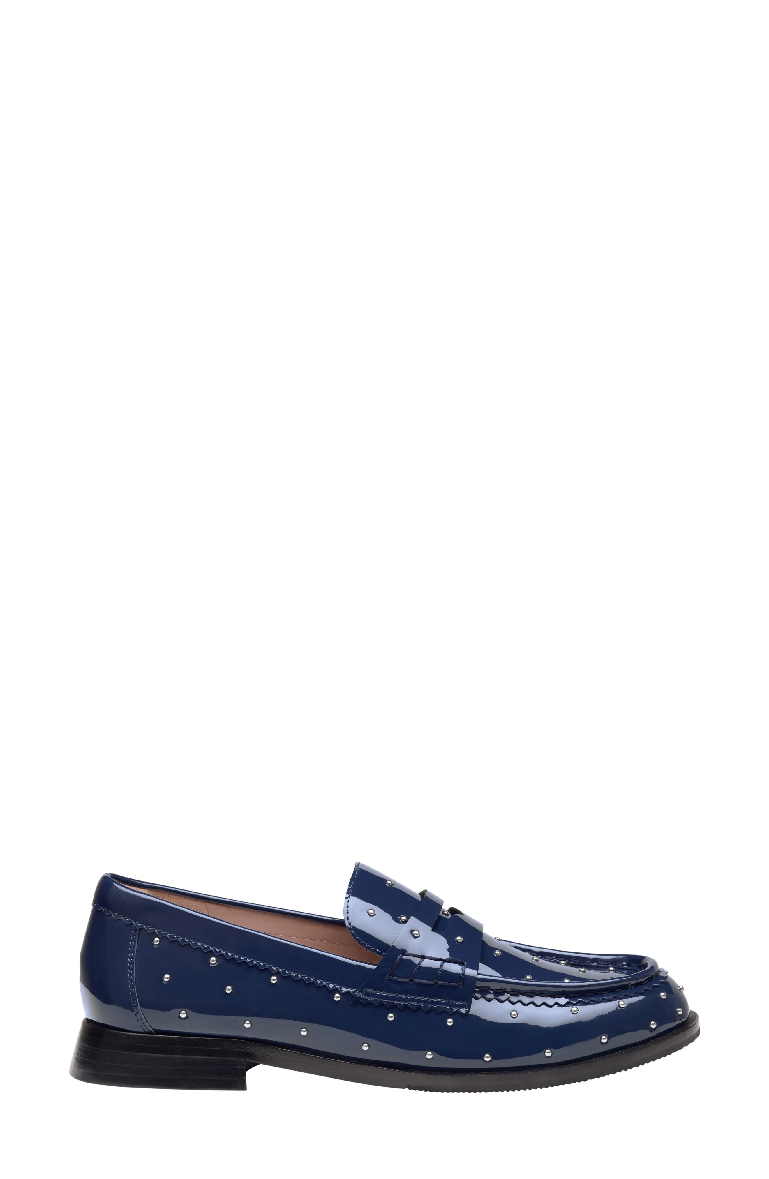 Gillian Studded Patent Leather Penny Loafer, Alternate, color, NAVY PATENT LEATHER