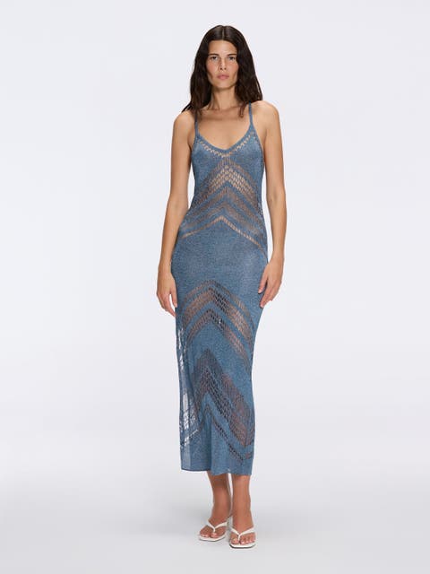 Beaulieu Metallic Knit Maxi Dress with V-Neckline and Side Slit