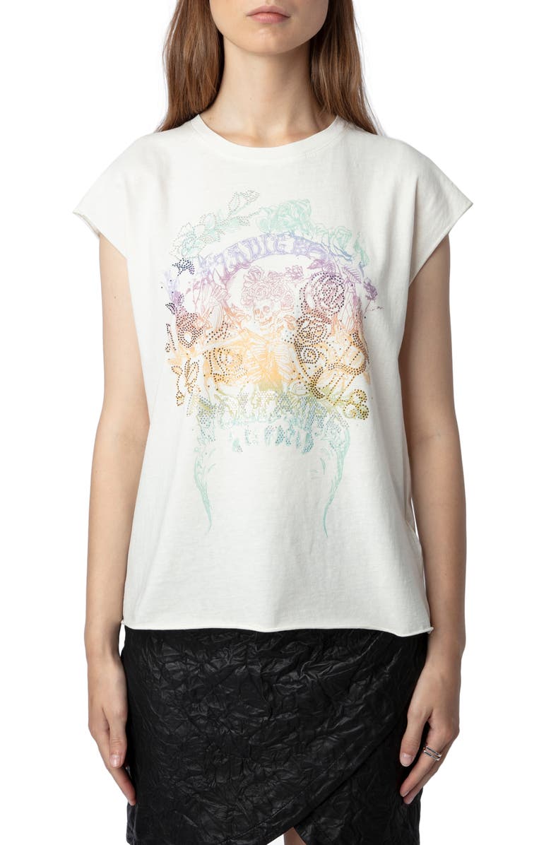 Zadig & Voltaire Cecilia Skull Reaper Strass Embellished Organic Cotton Graphic T-Shirt, Main, color,