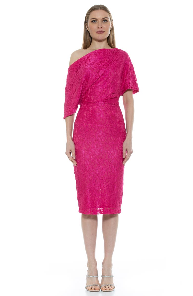 Alexia Admor Tayla Draped One-Shoulder Lace Midi Dress, Alternate, color, Magenta