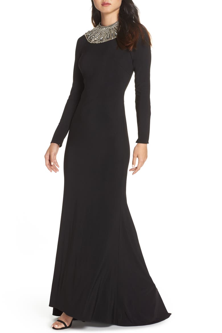 Mac Duggal Beaded Collar Long Sleeve Jersey Gown, Main, color, BLACK