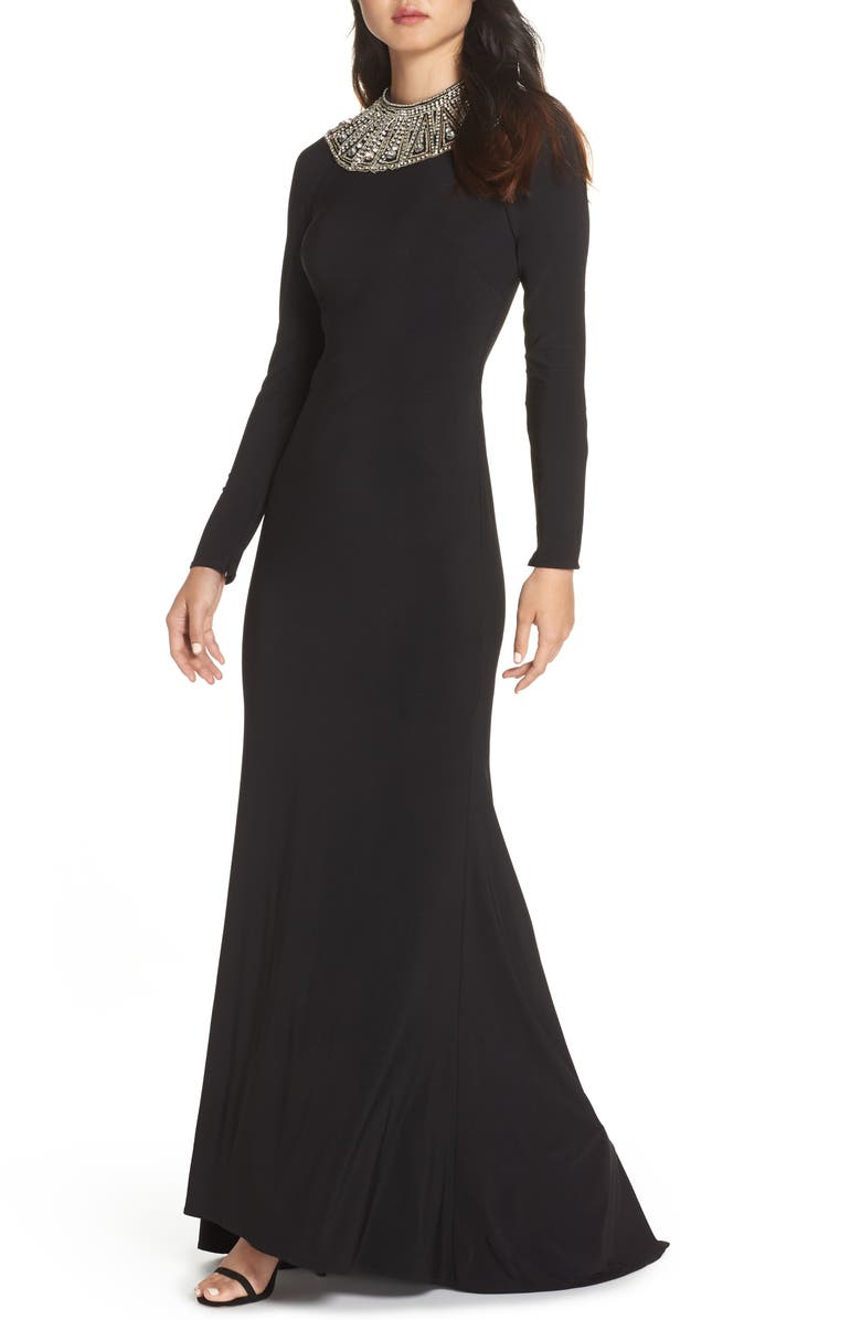Ieena for Mac Duggal Mac Duggal Beaded Collar Long Sleeve Jersey Gown, Main, color, 