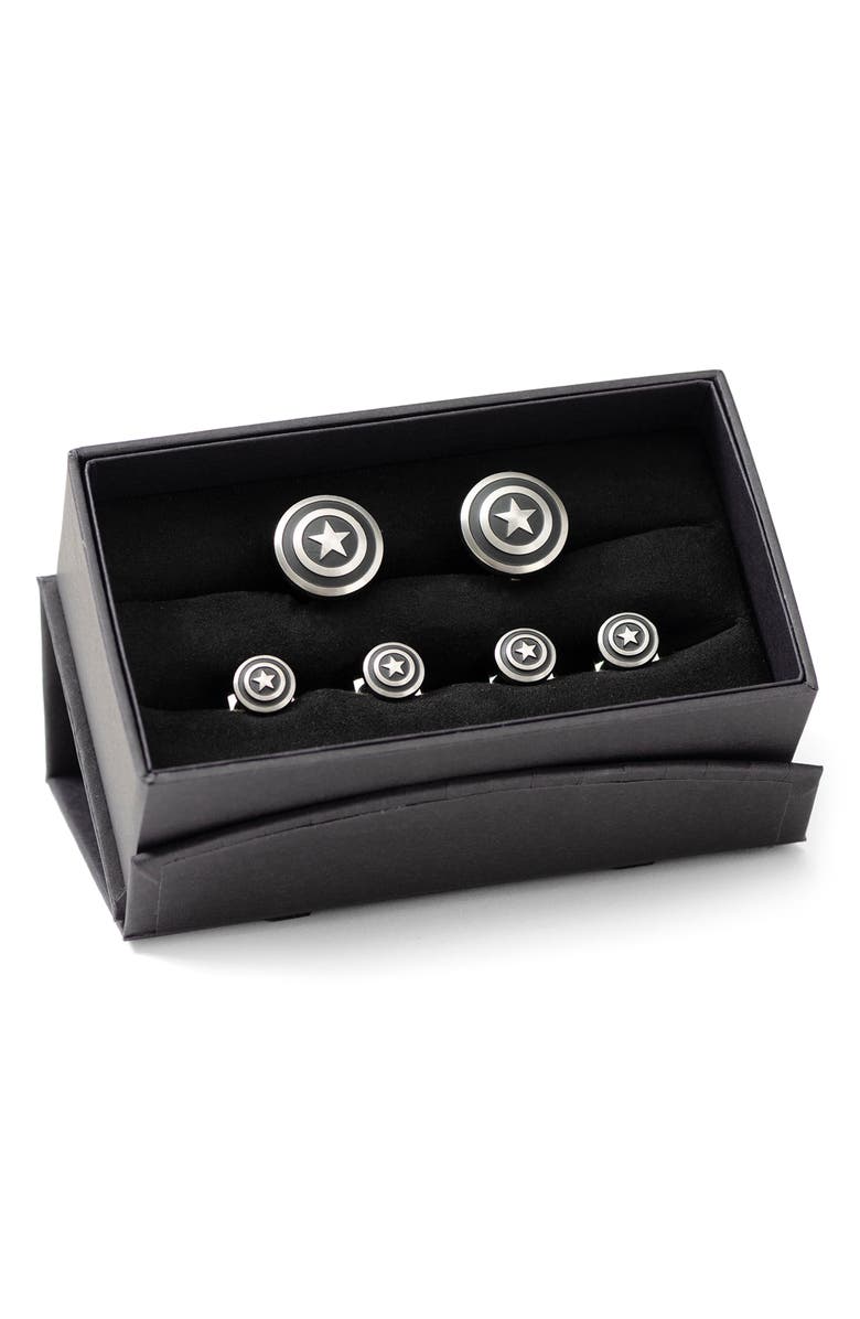 Cufflinks, Inc. x Marvel Captain America Shield Cuff Link & Stud Set, Alternate, color, Silver