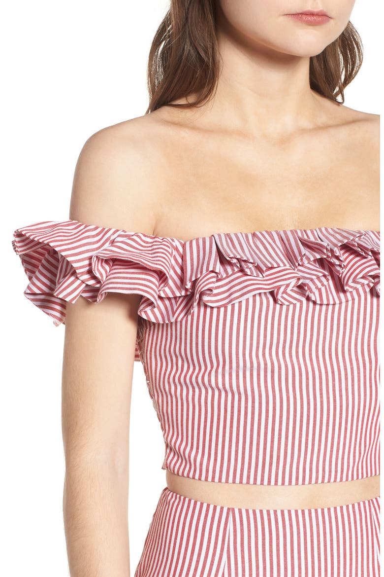 Anzio Off the Shoulder Ruffle Crop Top, Alternate, color, RED STRIPE