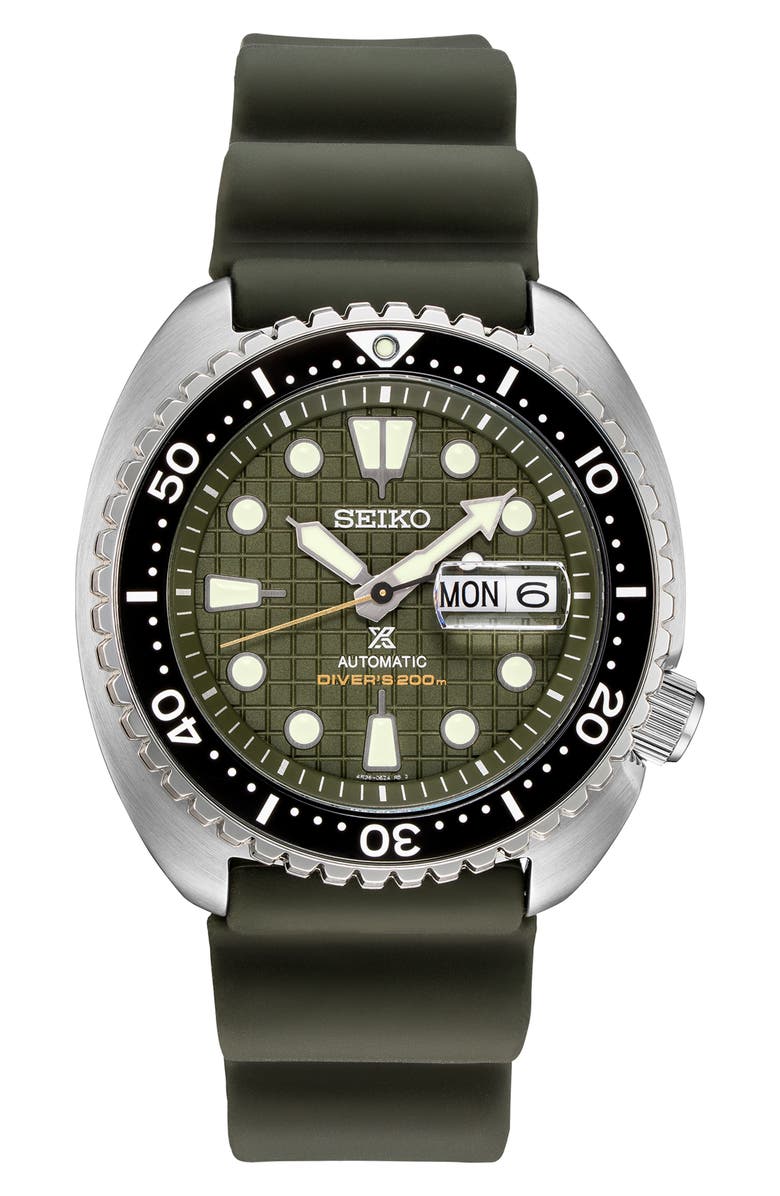SEIKO WATCHES Prospex Diver Automatic Silicone Strap Watch, 45mm, Main, color, Green