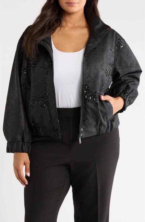 Sequin Floral Faux Leather Bomber Jacket