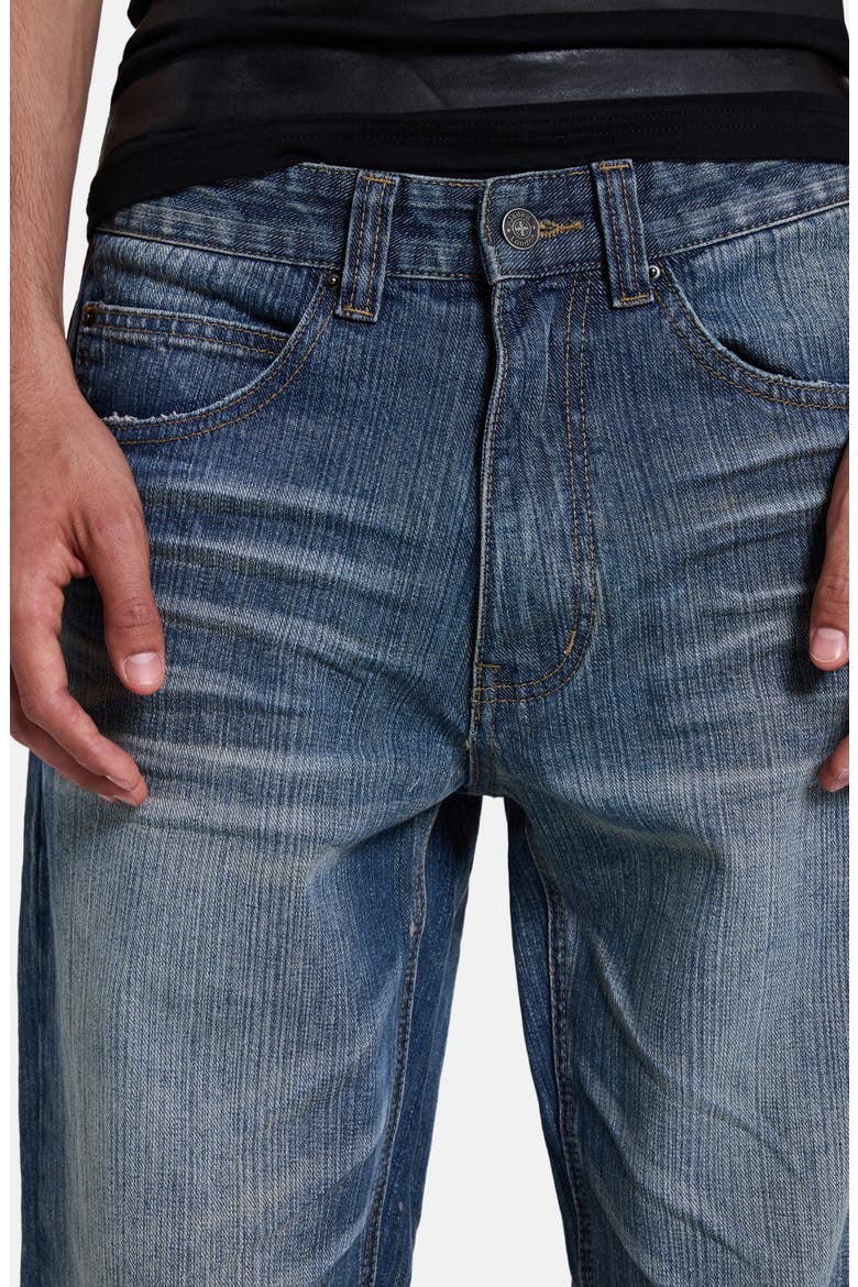 Distressed Straight Leg Jeans with Faux Leather Italy Flag Panel, Alternate, color, DENIM