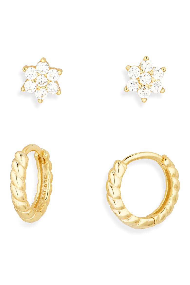 Set of 2 CZ Stud & Huggie Hoop Earrings, Main, color, GOLD