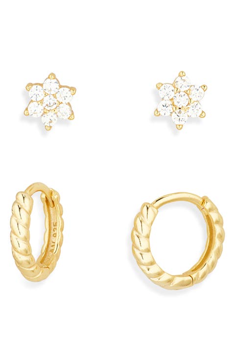 Set of 2 CZ Stud & Huggie Hoop Earrings