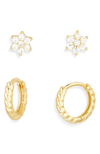 Argento Vivo Set Of 2 Cz Stud & Huggie Hoop Earrings In Gold