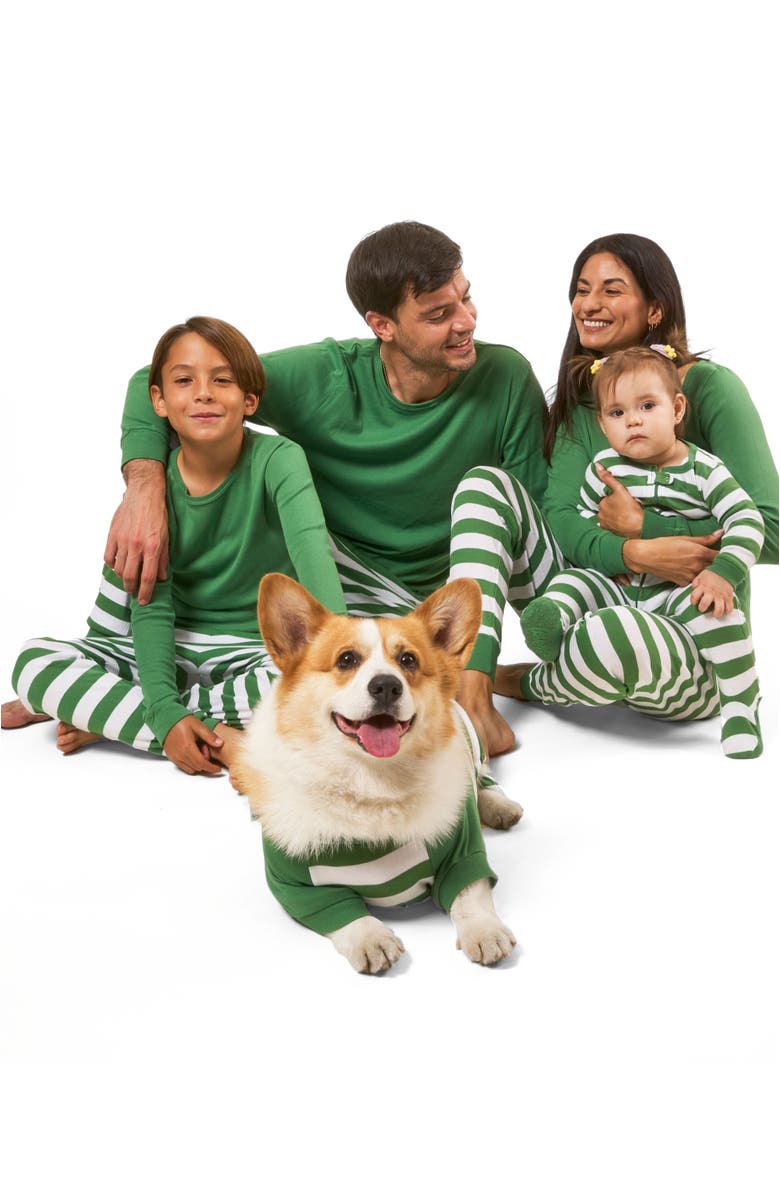 Leveret Kids Two-Piece Striped Cotton Matching Family Holiday Pajamas, Alternate, color, Solid Green Top & Striped Pant