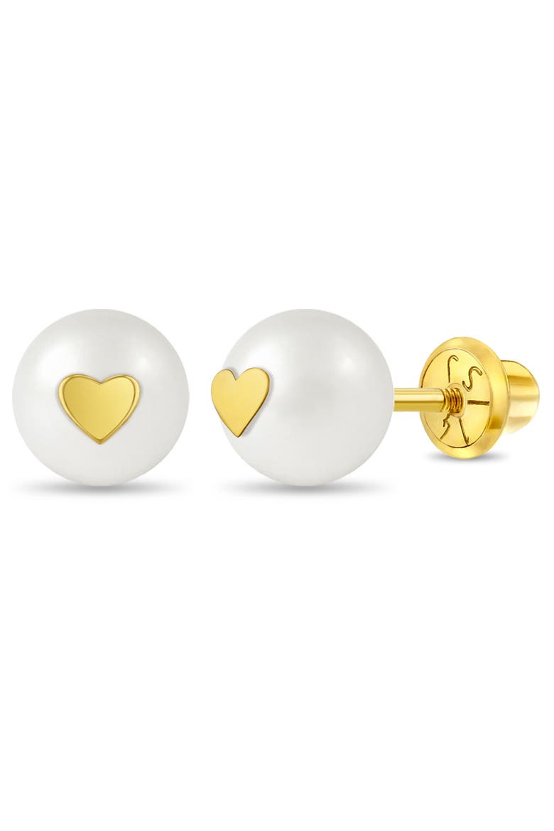 14k Heart Embedded Pearl Earrings, Main, color, White