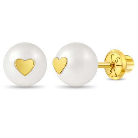 14k Heart Embedded Pearl Earrings