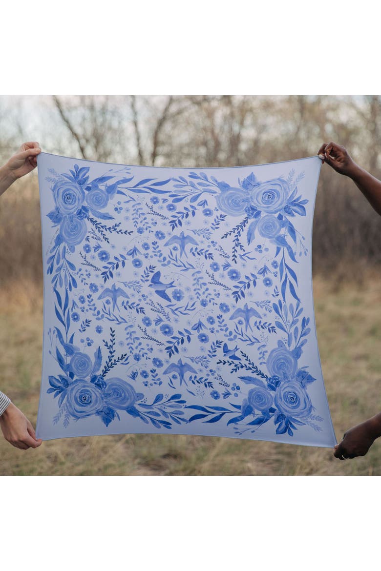 100% Silk Scarf Zephyr - Blue Floral Bird Pattern, Alternate, color, 35 x 35"