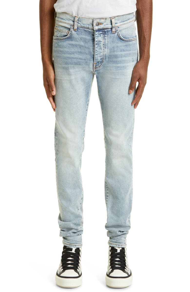 AMIRI Stack Distressed Slim Fit Jeans, Main, color, Stone Indigo
