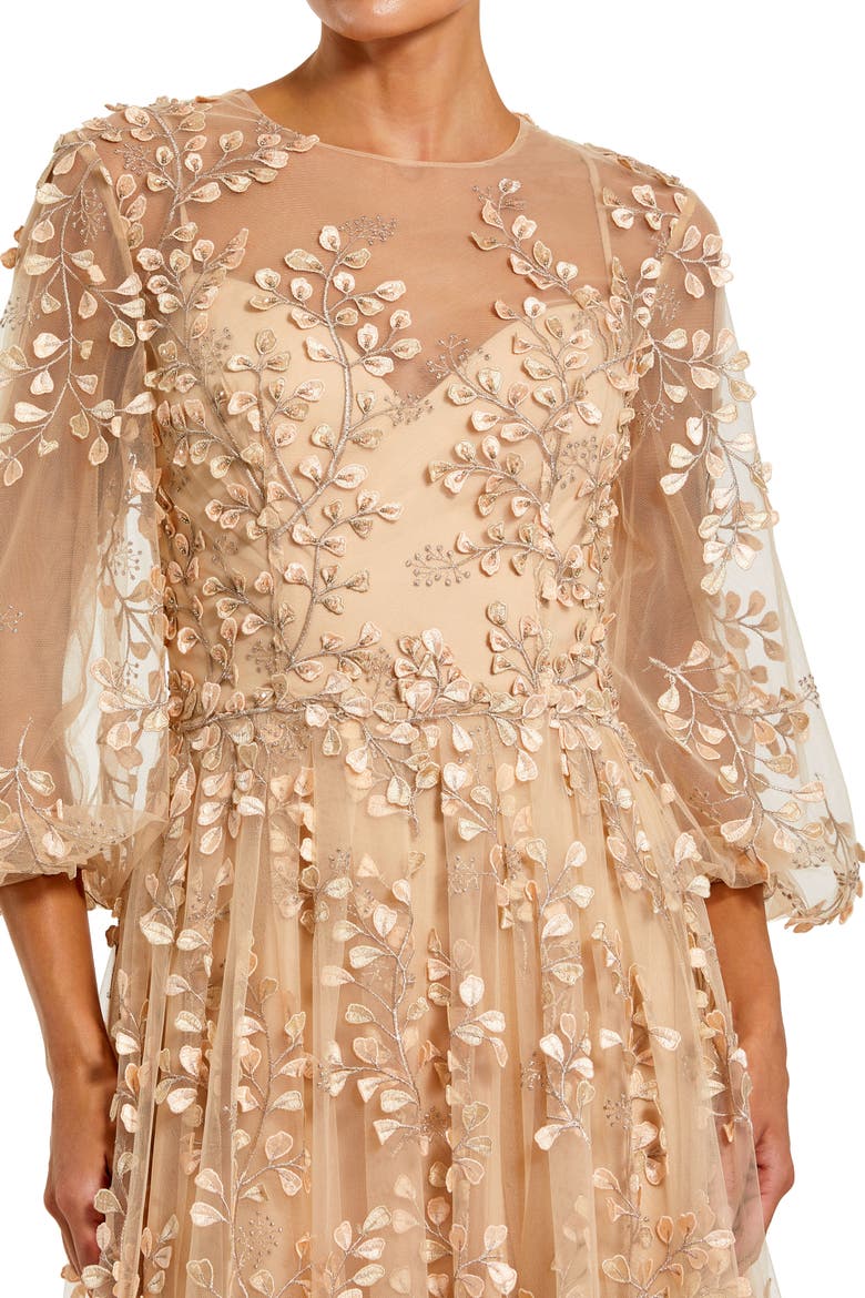 Embroidered Puff Sleeve A-Line Gown, Alternate, color, Champagne