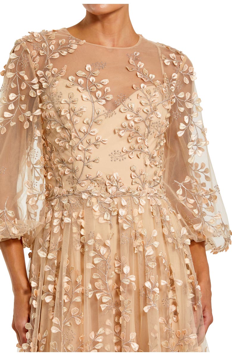Mac Duggal Embroidered Puff Sleeve A-Line Gown, Alternate, color, Champagne