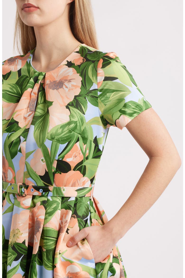 Pleat Neck Belted Fit & Flare Dress, Alternate, color, PEACH MAGNOLIA