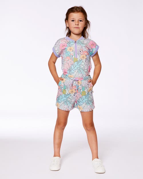 Deux Par Deux Little Girl's Printed French Terry Romper Lilac Tropical And Pink Flamingos In Lilac And Pink Flamingos