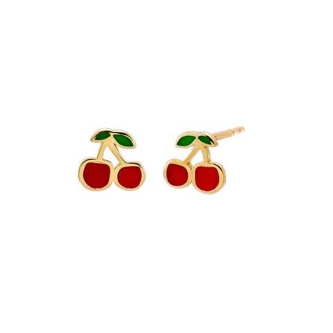 Kids Red Enamel Cherry Stud Earrings 14K