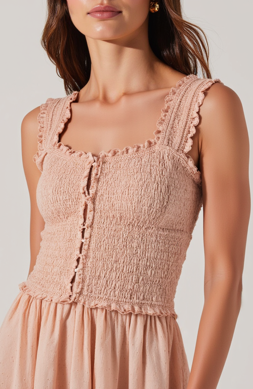 Modenaire Smocked Midi Dress With Ruffle Straps And Button-front Detail In Peach