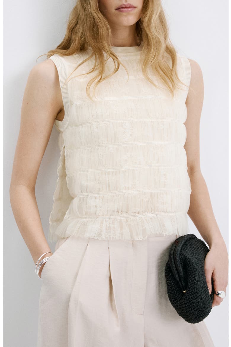 Ruched Sleeveless Mesh Overlay Knit Sweater, Main, color, ECRU