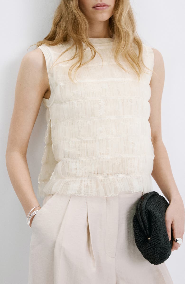 MANGO Ruched Sleeveless Mesh Overlay Knit Sweater, Main, color, Ecru