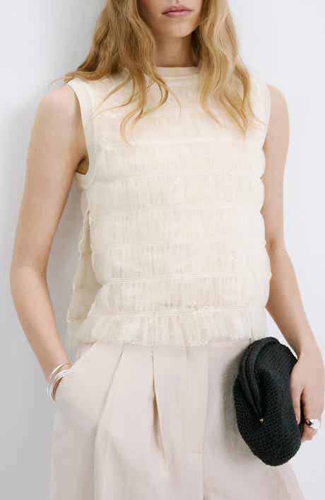 Ruched Sleeveless Mesh Overlay Knit Sweater