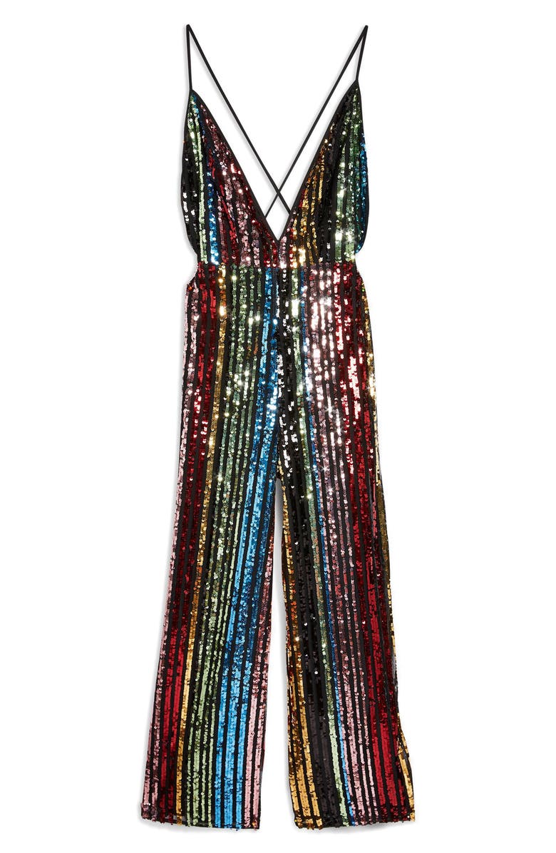 Topshop Rainbow Sequin Jumpsuit, Alternate, color,