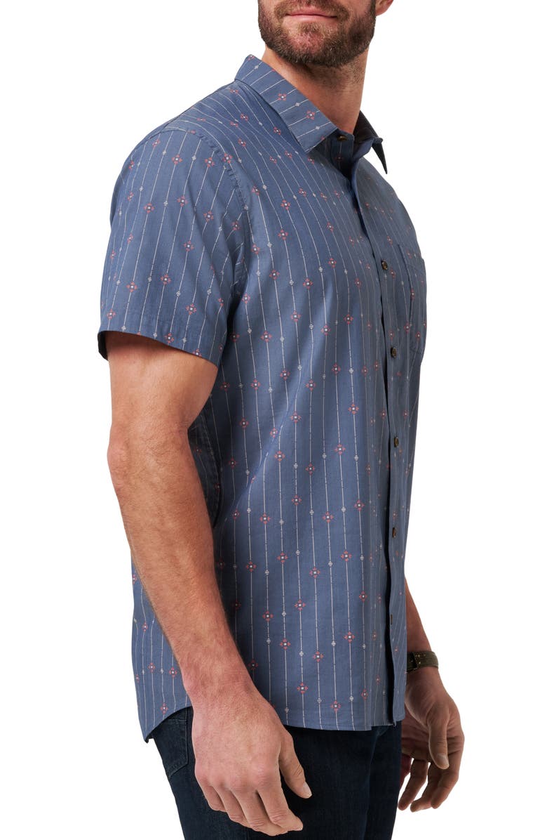 TravisMathew Deco Short Sleeve Cotton Blend Button-Up Shirt, Alternate, color, Heather Mood Indigo