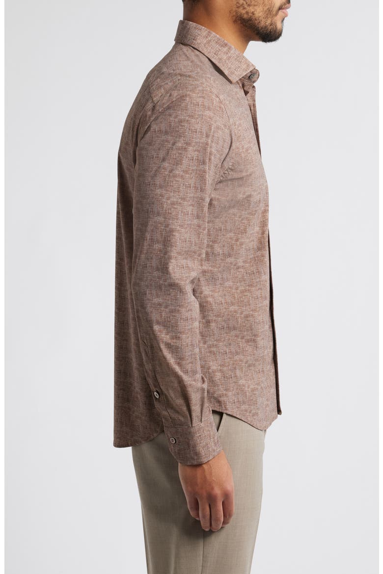 Jagged Heathered Herringbone Print Knit Nylon Blend Dress Shirt, Alternate, color, BROWN