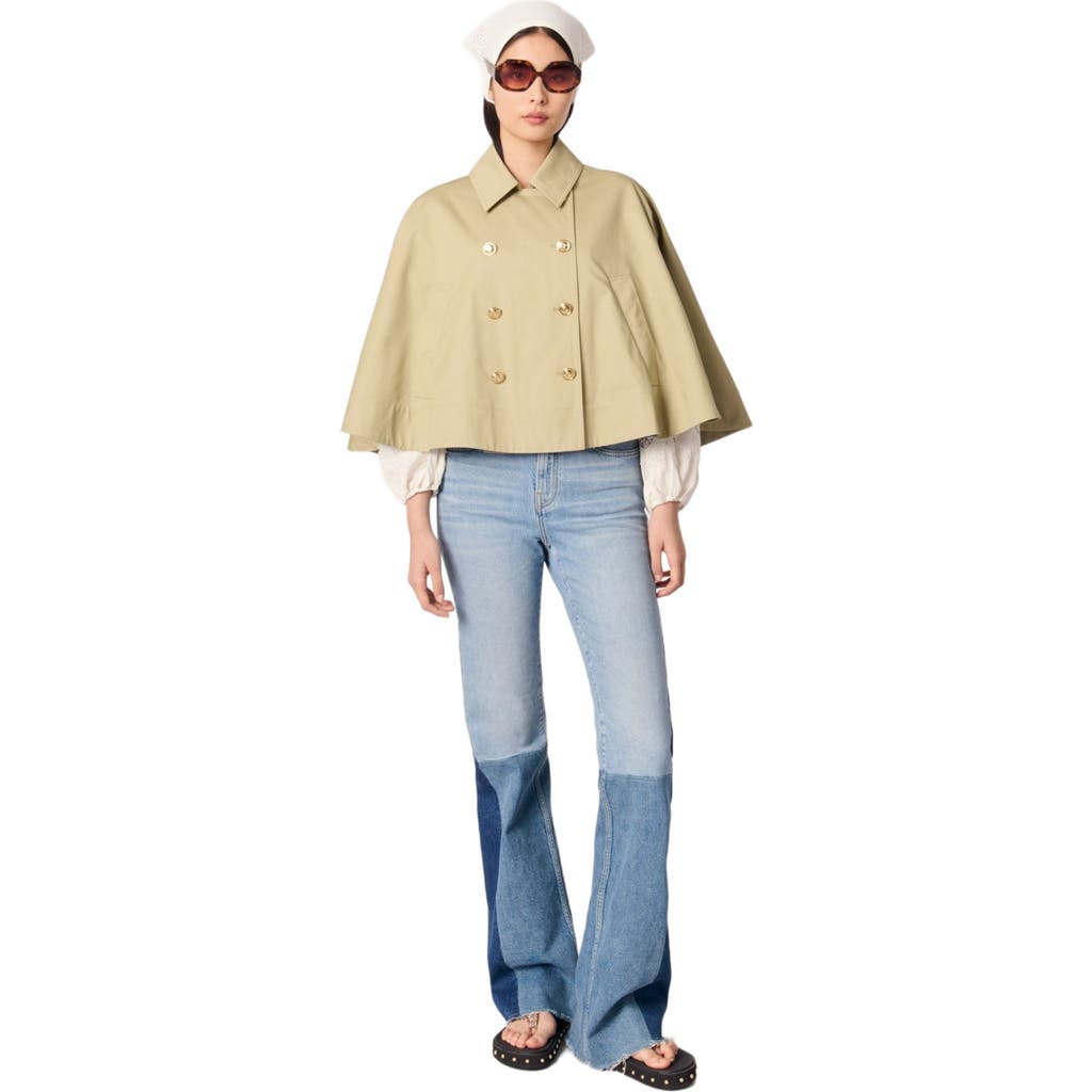 Maje Short Cape-effect Trench Coat In Khaki