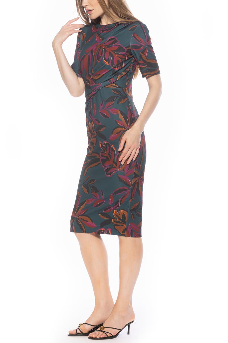 Harper Short Sleeve Midi Sheath Dress, Alternate, color, EMERALD MULTI