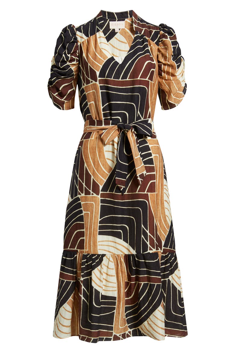 Merl Tie Waist Midi Dress, Alternate, color, CHOCOLATE MULTI