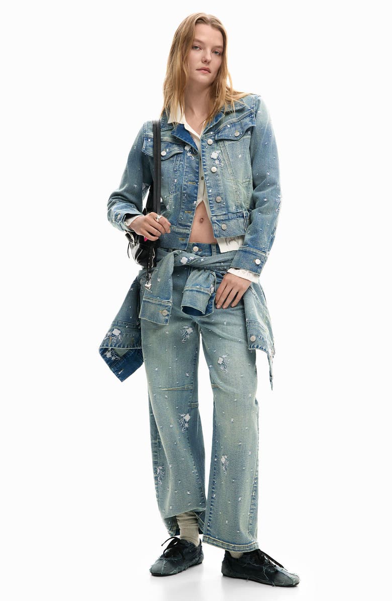 Desigual Embroidered Denim Trucker Jacket, Alternate, color, Medium Blue