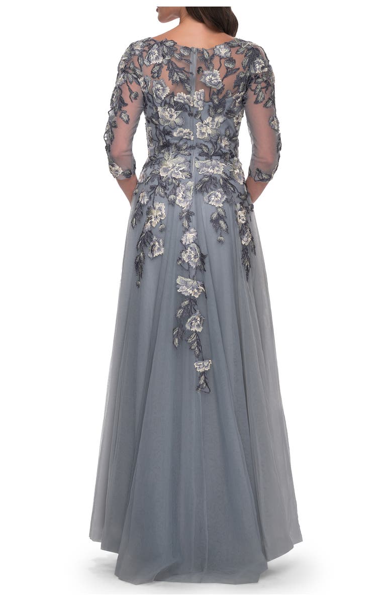 La Femme Tulle A-Line Gown with Beautiful Lace Applique and Sheer Sleeves, Alternate, color, Slate Blue