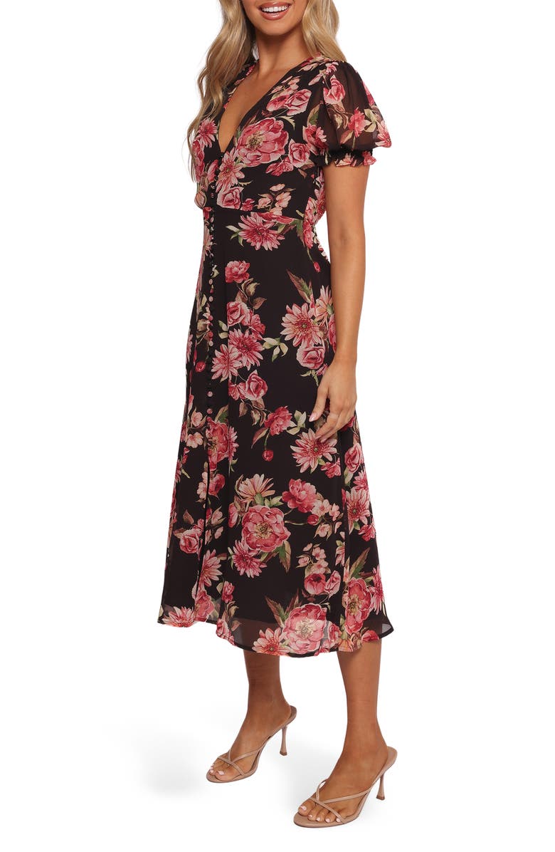 Petal & Pup Logen Floral Puff Sleeve Midi Dress, Alternate, color, Black Floral