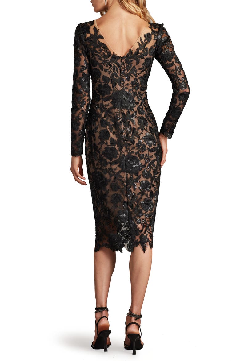 Embroided Lace Long Sleeve Cocktail Dress, Alternate, color, BLACK/ NUDE