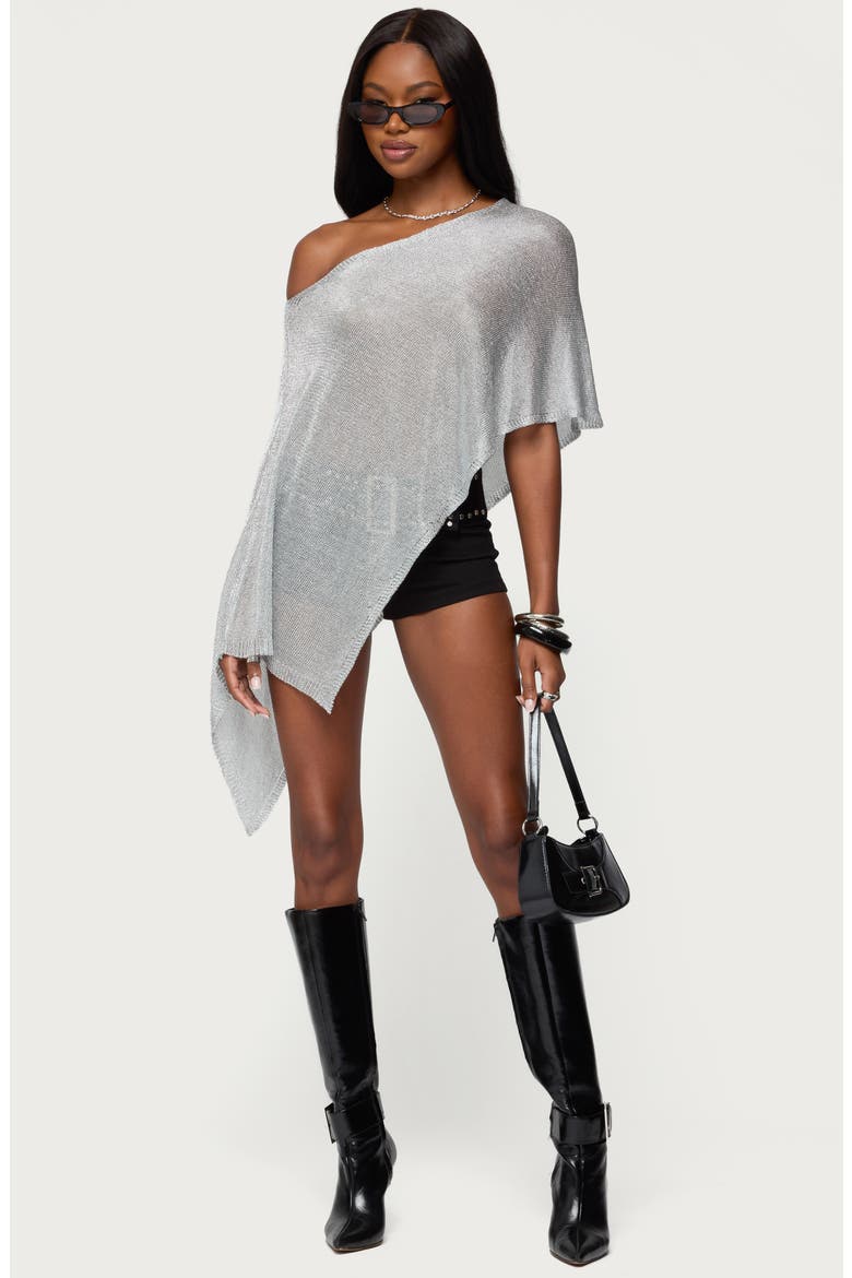 Azalia Metallic One-Shoulder Semisheer Poncho, Alternate, color, SILVER