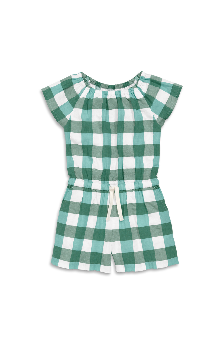 Primary Kids Drawstring Romper In Gingham, Main, color, Chive Sunwashed Teal Gingham