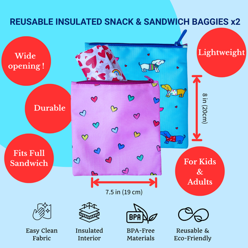Yumbox Reusable Sandwich Bags Insulated, Washable, Eco-friendly Fabric Pouches For Snacks, Wraps & L