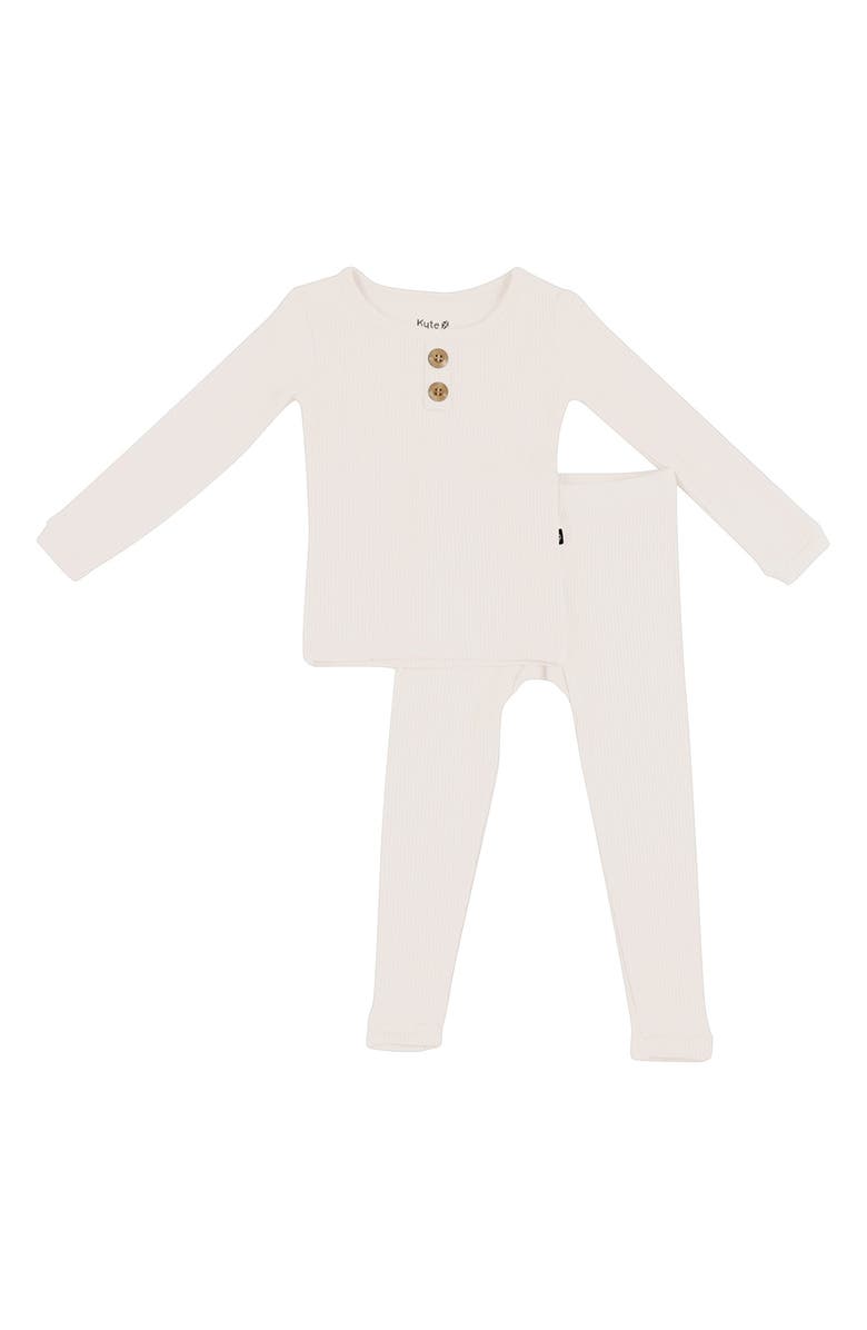 Kyte BABY Kids' Rib Henley Fitted Two-Piece Pajamas, Main, color, Oat