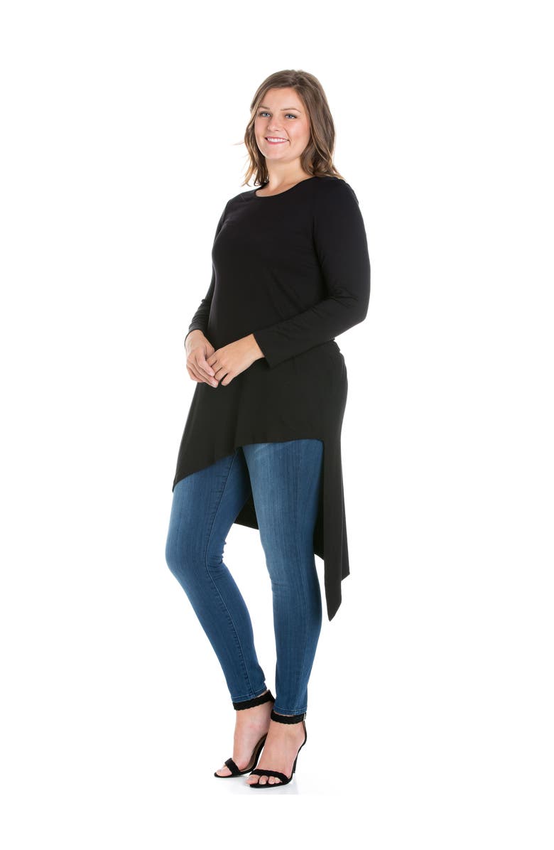 24seven Comfort Apparel Plus Size Long Sleeve Knee Length Asymmetrical Tunic Top, Alternate, color, Black