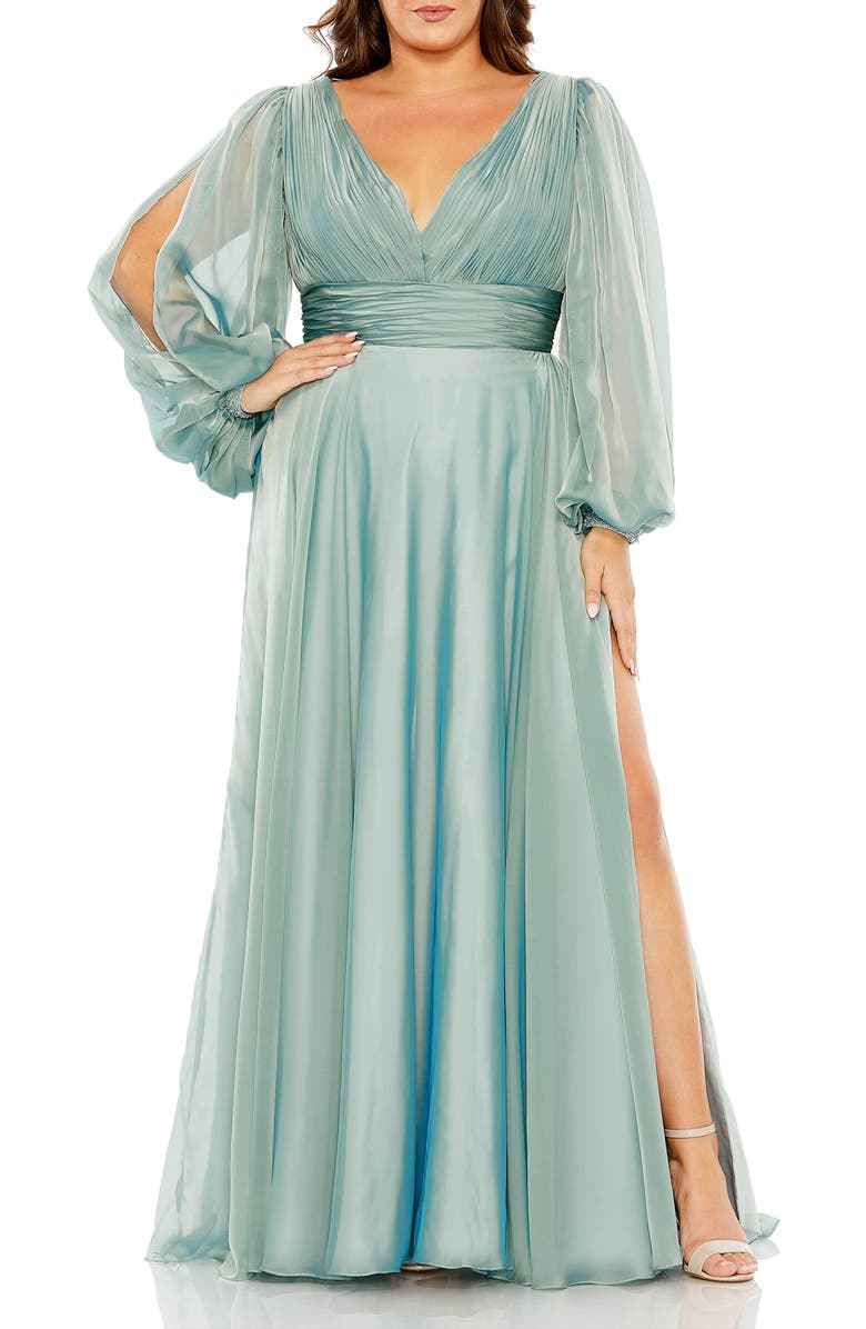 Mac Duggal Chiffon Gown with Sheer Embellished Puff Sleeves, Ruched Waist, Main, color, French Blue