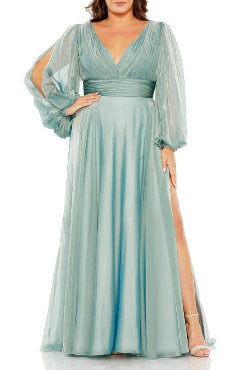 Chiffon Gown with Sheer Embellished Puff Sleeves, Ruched Waist