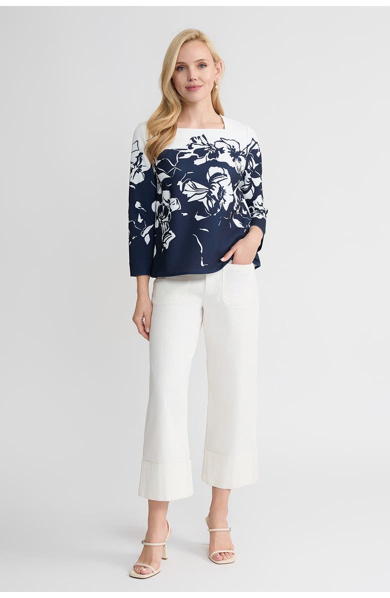 Ming Wang Floral Print Stretch Deco Crepe Blouse, Alternate, color, Indigo/White