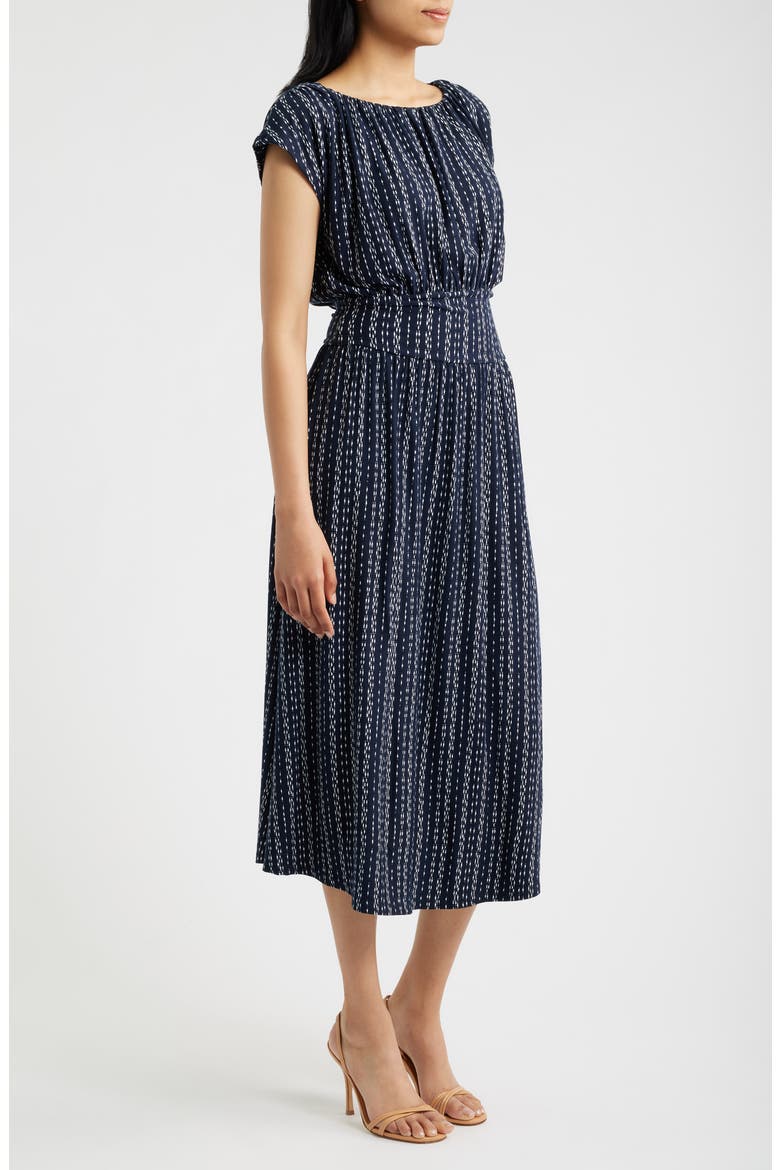 Cap Sleeve Smocked Waist Midi Dress, Alternate, color, NAVY/ IVORY